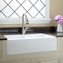 Signature Hardware Angrove 33" Cast Iron Double Basin Farmhouse Kitchen Sink with Single Faucet Hole