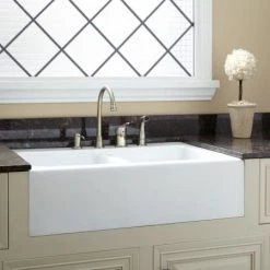 Signature Hardware Angrove 33" Cast Iron Double Basin Farmhouse Kitchen Sink with 4 Faucet Holes