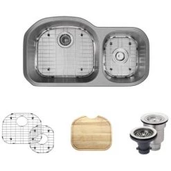 Rene 32-1/8" Undermount Double Basin Stainless Steel Kitchen Sink with Basin Racks, Basket Strainers, and Cutting Board