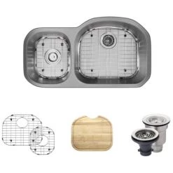 Rene 32-1/8" Undermount Double Basin Stainless Steel Kitchen Sink with Basin Racks, Basket Strainers, and Cutting Board