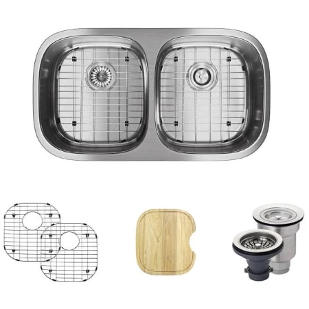 Rene 32-1/2" Undermount Double Basin Stainless Steel Kitchen Sink with Basin Racks, Basket Strainers, and Cutting Board