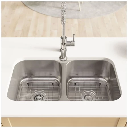 Rene 32-1/2" Undermount Double Basin Stainless Steel Kitchen Sink with Basin Racks, Basket Strainers, and Cutting Board - Image 2