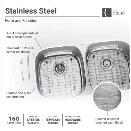 Rene 32-1/2" Undermount Double Basin Stainless Steel Kitchen Sink with Basin Racks, Basket Strainers, and Cutting Board - Image 5