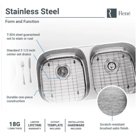 Rene 32-1/2" Undermount Double Basin Stainless Steel Kitchen Sink with Basin Racks, Basket Strainers, and Cutting Board - Image 6