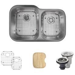 Rene 32" Undermount Double Basin Stainless Steel Kitchen Sink with Basin Racks, Basket Strainers, and Cutting Board