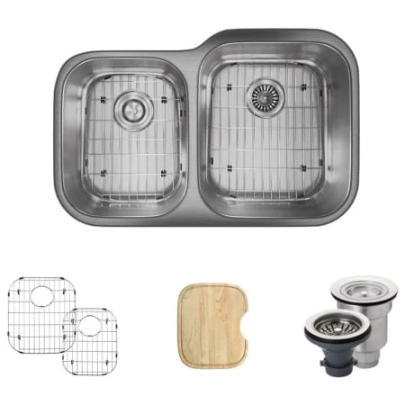 Rene 32" Undermount Double Basin Stainless Steel Kitchen Sink with Basin Racks, Basket Strainers, and Cutting Board