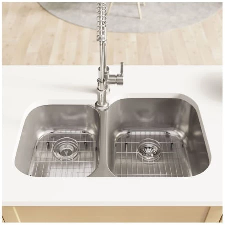 Rene 32" Undermount Double Basin Stainless Steel Kitchen Sink with Basin Racks, Basket Strainers, and Cutting Board - Image 2