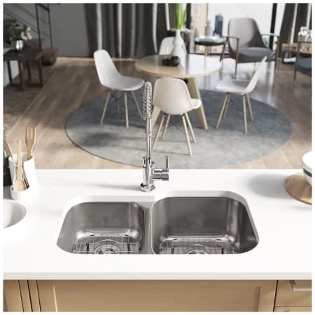 Rene 32" Undermount Double Basin Stainless Steel Kitchen Sink with Basin Racks, Basket Strainers, and Cutting Board - Image 3