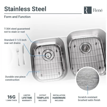 Rene 32" Undermount Double Basin Stainless Steel Kitchen Sink with Basin Racks, Basket Strainers, and Cutting Board - Image 5