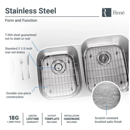 Rene 32" Undermount Double Basin Stainless Steel Kitchen Sink with Basin Racks, Basket Strainers, and Cutting Board - Image 6