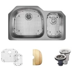 Rene 35" Undermount Double Basin Stainless Steel Kitchen Sink with Basin Racks, Basket Strainers, and Cutting Board