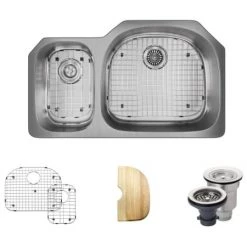 Rene 35" Undermount Double Basin Stainless Steel Kitchen Sink with Basin Racks, Basket Strainers, and Cutting Board