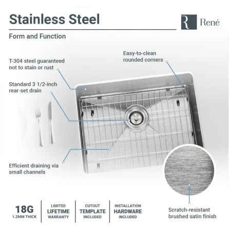 Rene 23" Undermount Single Basin Stainless Steel Kitchen Sink with Basin Rack, Basket Strainer, and Cutting Board - Image 5