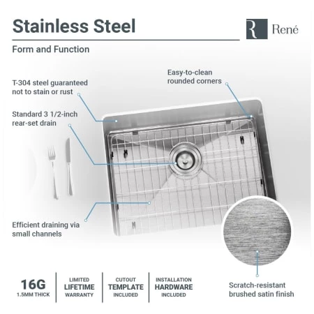 Rene 23" Undermount Single Basin Stainless Steel Kitchen Sink with Basin Rack, Basket Strainer, and Cutting Board - Image 6