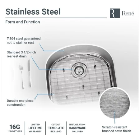 Rene 20-1/8" Undermount Single Basin Stainless Steel Kitchen Sink with Basin Rack, Basket Strainer, and Cutting Board - Image 6