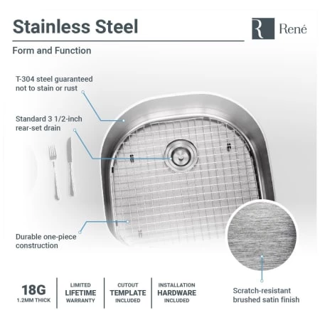 Rene 23-1/2" Undermount Single Basin Stainless Steel Kitchen Sink with Basin Rack, Basket Strainer, and Cutting Board - Image 5