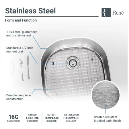 Rene 23-1/2" Undermount Single Basin Stainless Steel Kitchen Sink with Basin Rack, Basket Strainer, and Cutting Board - Image 6
