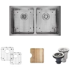 Rene 31" Undermount Double Basin Stainless Steel Kitchen Sink with Basin Racks, Basket Strainers, and Cutting Board