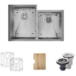 Rene 31-1/4" Undermount Double Basin Stainless Steel Kitchen Sink with Basin Racks, Basket Strainers, and Cutting Board