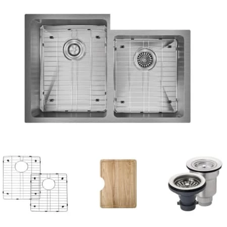 Rene 31-1/4" Undermount Double Basin Stainless Steel Kitchen Sink with Basin Racks, Basket Strainers, and Cutting Board