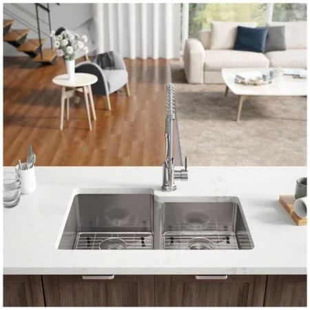 Rene 31-1/4" Undermount Double Basin Stainless Steel Kitchen Sink with Basin Racks, Basket Strainers, and Cutting Board - Image 3