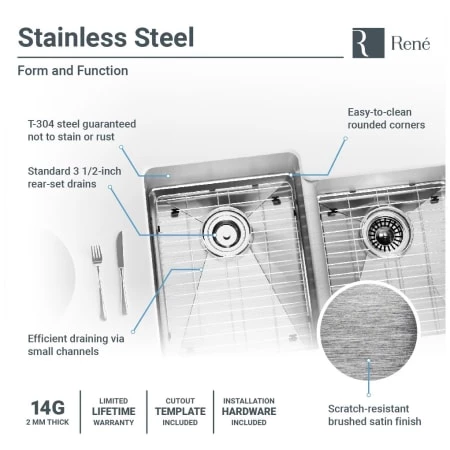 Rene 31-1/4" Undermount Double Basin Stainless Steel Kitchen Sink with Basin Racks, Basket Strainers, and Cutting Board - Image 5