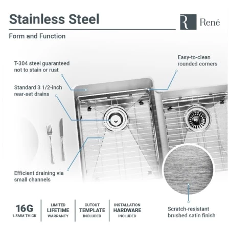 Rene 31-1/4" Undermount Double Basin Stainless Steel Kitchen Sink with Basin Racks, Basket Strainers, and Cutting Board - Image 6