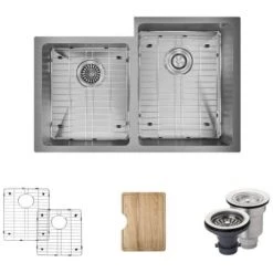 Rene 31-1/4" Undermount Double Basin Stainless Steel Kitchen Sink with Basin Racks, Basket Strainers, and Cutting Board