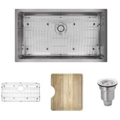 Rene 31-1/4" Undermount Single Basin Stainless Steel Kitchen Sink with Basin Rack, Basket Strainer, and Cutting Board