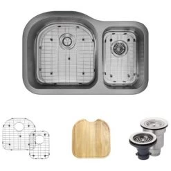 Rene 31-1/2" Undermount Double Basin Stainless Steel Kitchen Sink with Basin Racks, Basket Strainers, and Cutting Board