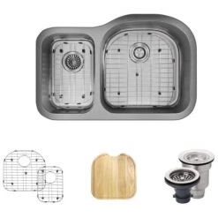 Rene 31-1/2" Undermount Double Basin Stainless Steel Kitchen Sink with Basin Racks, Basket Strainers, and Cutting Board