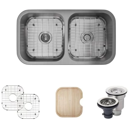 Rene 32-1/4" Undermount Double Basin Stainless Steel Kitchen Sink with Basin Racks, Basket Strainers, and Cutting Board