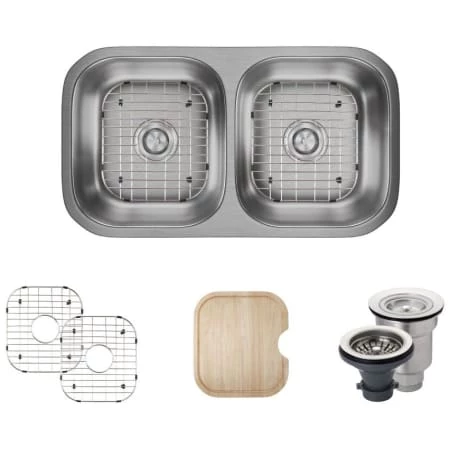 Rene 32-1/4" Undermount Double Basin Stainless Steel Kitchen Sink with Basin Racks, Basket Strainers, and Cutting Board