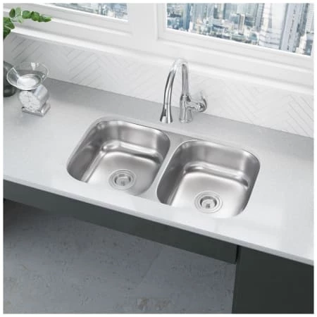 Rene 32-1/4" Undermount Double Basin Stainless Steel Kitchen Sink with Basin Racks, Basket Strainers, and Cutting Board - Image 2