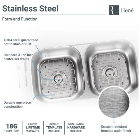 Rene 32-1/4" Undermount Double Basin Stainless Steel Kitchen Sink with Basin Racks, Basket Strainers, and Cutting Board - Image 5