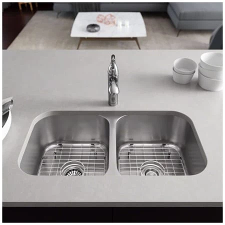 Rene 32-1/4" Undermount Double Basin Stainless Steel Kitchen Sink with Basin Racks, Basket Strainers, and Cutting Board - Image 2