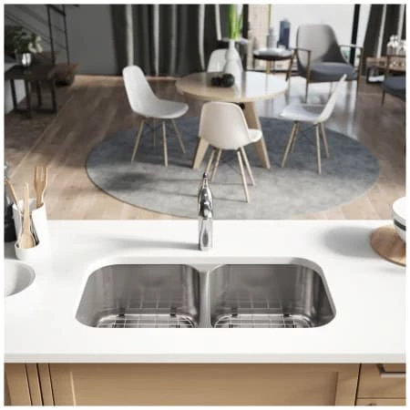Rene 32-1/4" Undermount Double Basin Stainless Steel Kitchen Sink with Basin Racks, Basket Strainers, and Cutting Board - Image 3