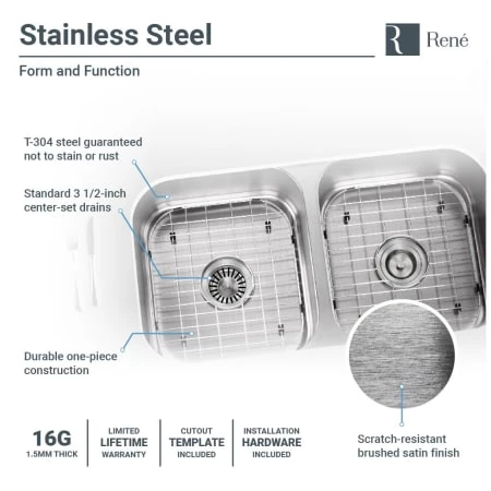 Rene 32-1/4" Undermount Double Basin Stainless Steel Kitchen Sink with Basin Racks, Basket Strainers, and Cutting Board - Image 5