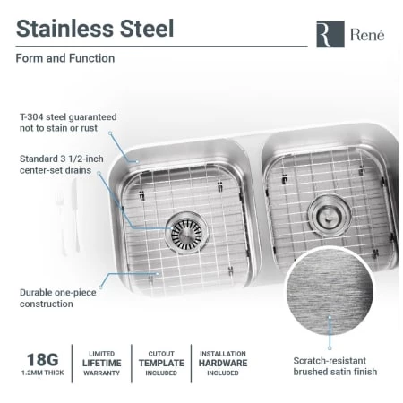 Rene 32-1/4" Undermount Double Basin Stainless Steel Kitchen Sink with Basin Racks, Basket Strainers, and Cutting Board - Image 6