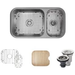 Rene 32-1/4" Undermount Double Basin Stainless Steel Kitchen Sink with Basin Racks, Basket Strainers, and Cutting Board