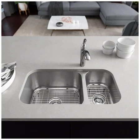 Rene 32-1/4" Undermount Double Basin Stainless Steel Kitchen Sink with Basin Racks, Basket Strainers, and Cutting Board - Image 2