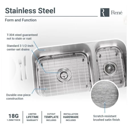 Rene 32-1/4" Undermount Double Basin Stainless Steel Kitchen Sink with Basin Racks, Basket Strainers, and Cutting Board - Image 5