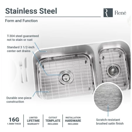 Rene 32-1/4" Undermount Double Basin Stainless Steel Kitchen Sink with Basin Racks, Basket Strainers, and Cutting Board - Image 6