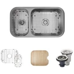 Rene 32-1/4" Undermount Double Basin Stainless Steel Kitchen Sink with Basin Racks, Basket Strainers, and Cutting Board