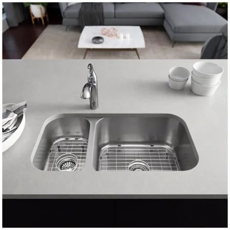 Rene 32-1/4" Undermount Double Basin Stainless Steel Kitchen Sink with Basin Racks, Basket Strainers, and Cutting Board - Image 2