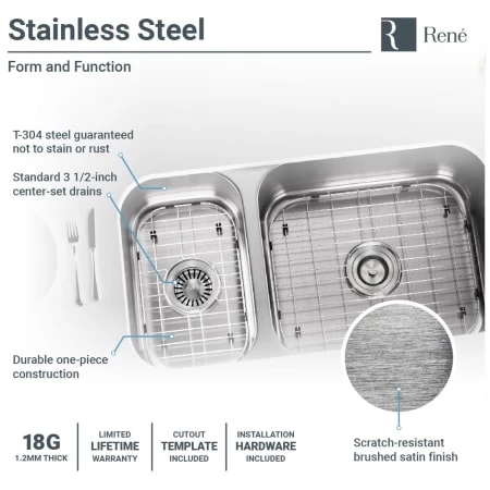 Rene 32-1/4" Undermount Double Basin Stainless Steel Kitchen Sink with Basin Racks, Basket Strainers, and Cutting Board - Image 5