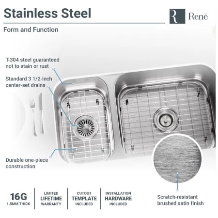 Rene 32-1/4" Undermount Double Basin Stainless Steel Kitchen Sink with Basin Racks, Basket Strainers, and Cutting Board - Image 6