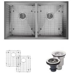 Rene 32" Undermount Double Basin Stainless Steel Kitchen Sink with Basin Racks and Basket Strainers