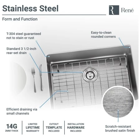 Rene 26" Undermount Single Basin Stainless Steel Kitchen Sink with Basin Rack, Basket Strainer, and Cutting Board - Image 5