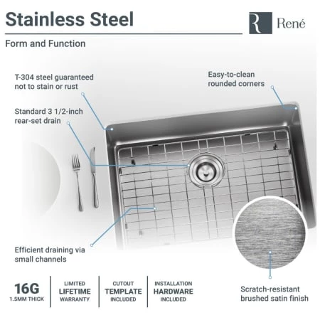Rene 26" Undermount Single Basin Stainless Steel Kitchen Sink with Basin Rack, Basket Strainer, and Cutting Board - Image 6